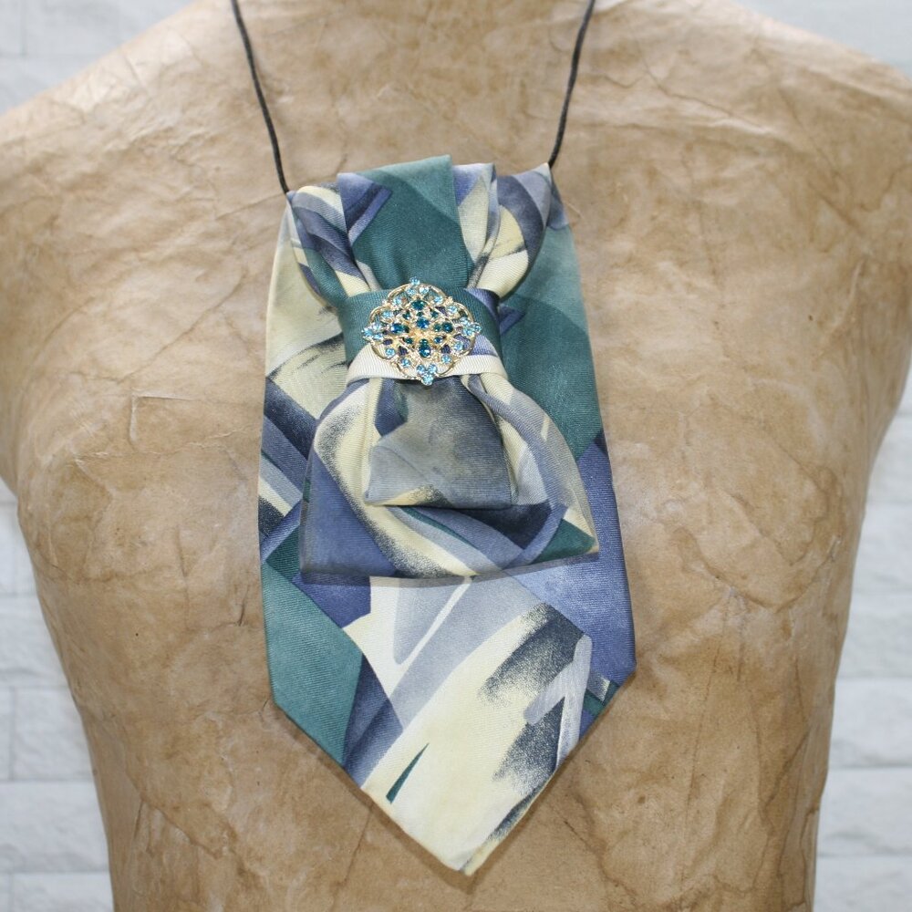 UPCYCLED Neck Tie Necklace Brooch Necktie Holiday Gift Accessory Abstract Blue